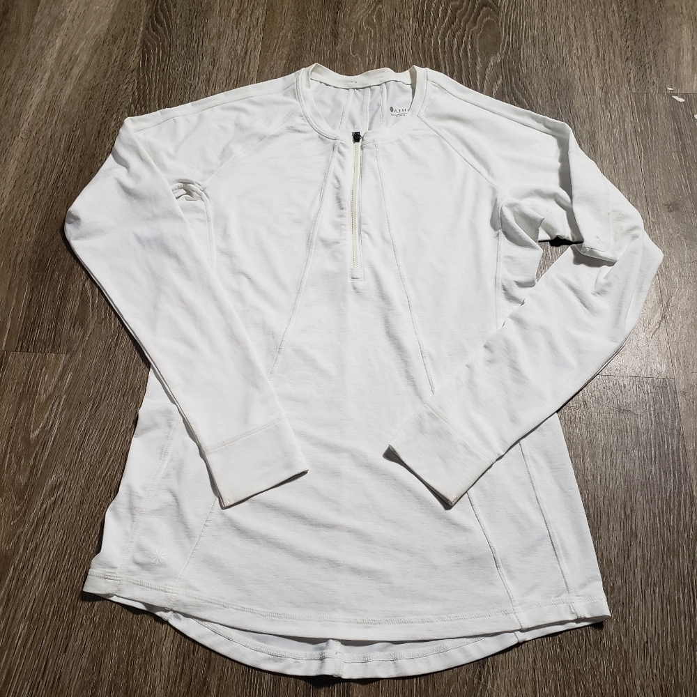 Athleta Womens 1/4 Zip Running Top Pullover White Shirt Size Medium Long Sleeve.